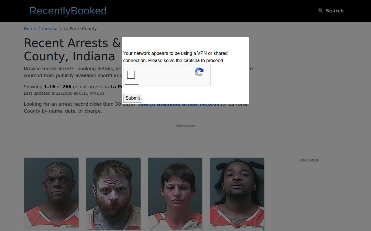 Unofficial Recently Booked La Porte County arrest index interface