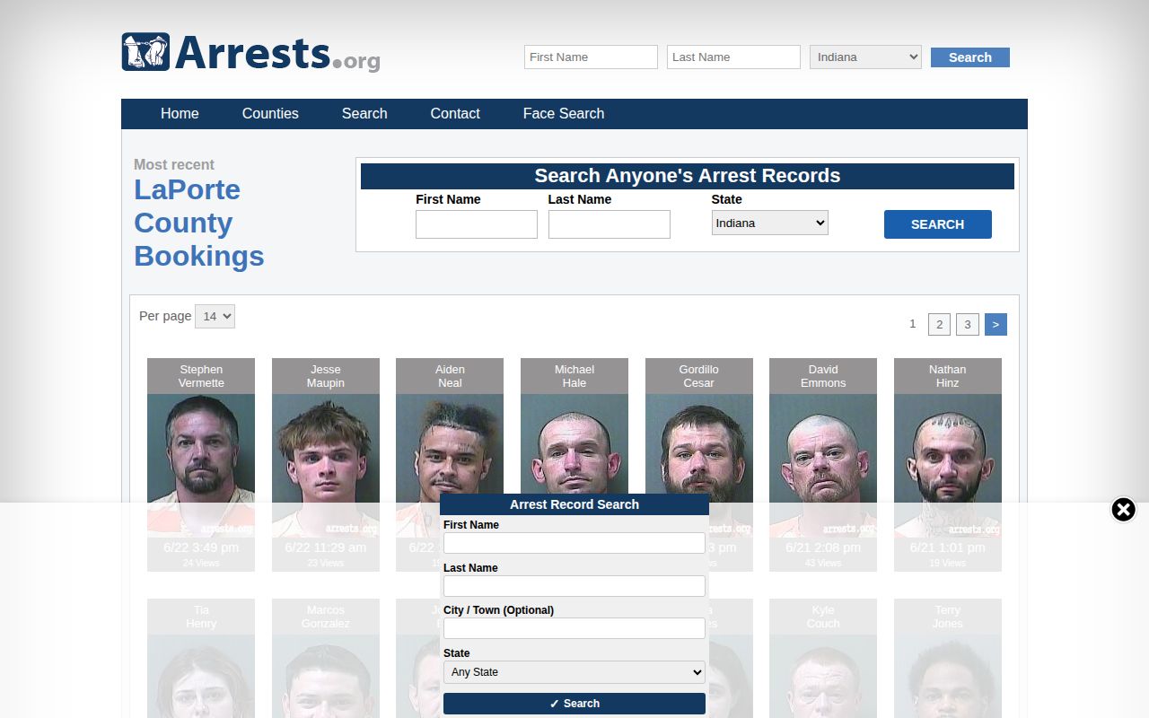 Unofficial Arrests.org LaPorte County booking index interface