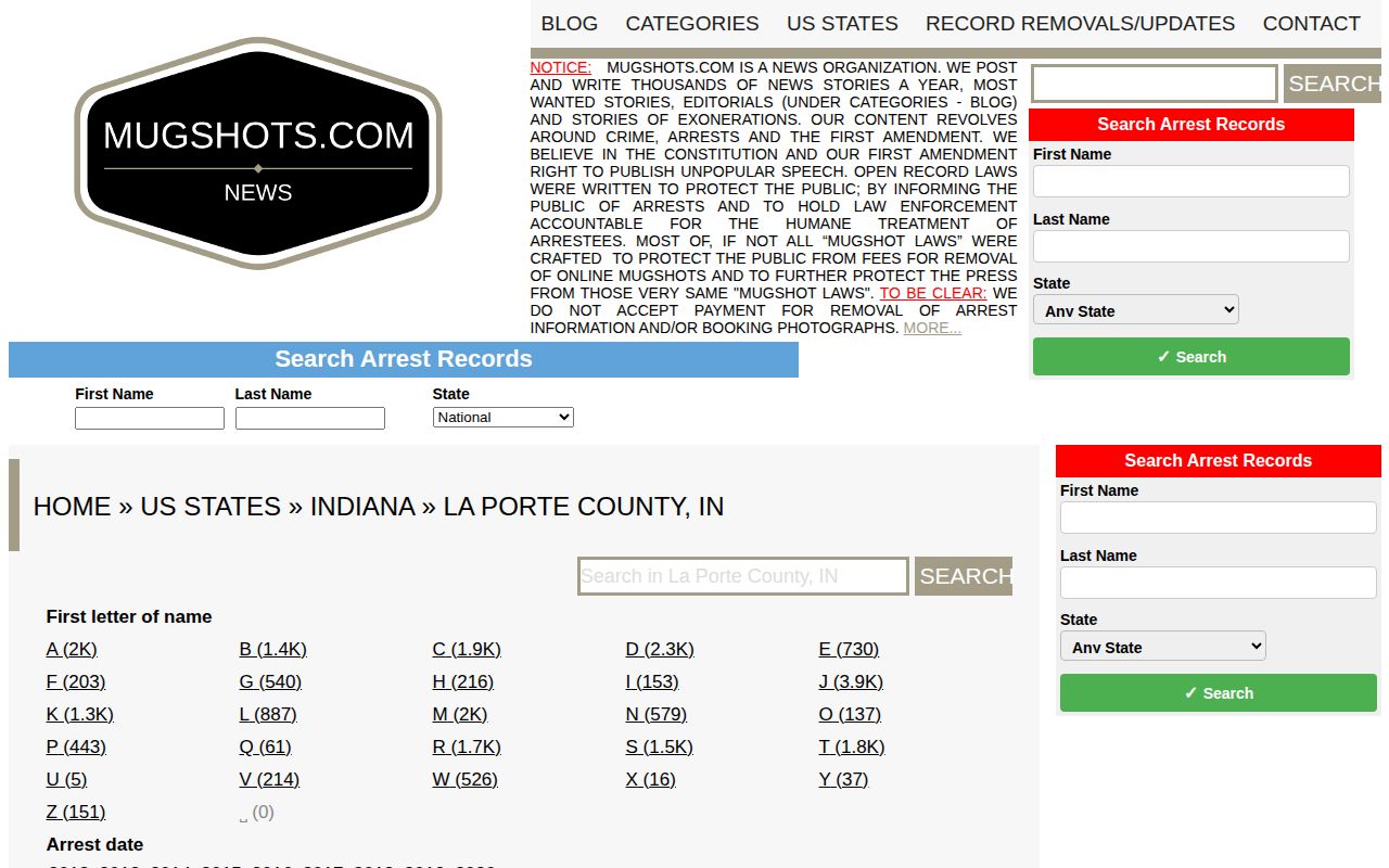 Unofficial Mugshots.com historical La Porte County record index